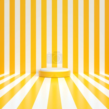 Photo for Yellow cylinder pedestal podium with white perspective stripes line. Pastel minimal scene. 3d render illustration - Royalty Free Image