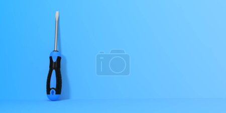 Téléchargez les photos : Tournevis sur fond bleu avec espace de copie. Illustration de rendu 3d - en image libre de droit