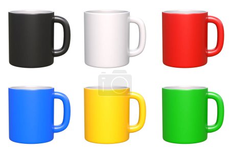 Téléchargez les photos : Ensemble de tasses en céramique réaliste ou de tasses vides pour café, boisson ou thé sur fond blanc. Couleurs blanc, noir, bleu, vert, rouge et jaune. rendu 3D Illustration 3D - en image libre de droit