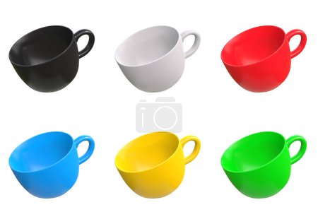 Foto de Conjunto de tazas de café multicolores aisladas sobre un fondo blanco. 3d representación 3d ilustración - Imagen libre de derechos