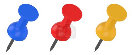 Photo for Collection blue, red and yellow push pins isolated on white background. Set of thumbtacks. Front view. 3D Rendering 3D illustration - Royalty Free Image