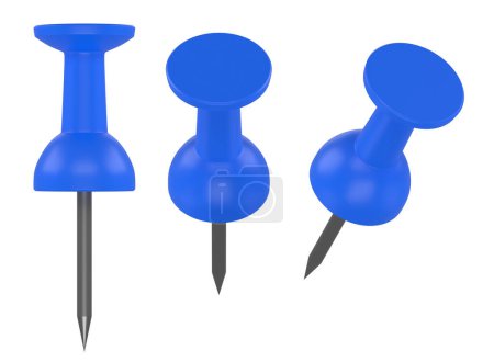 Téléchargez les photos : Collection broches bleues isolées sur fond blanc. Un jeu de punaises. Vue de face. Représentation 3D Illustration 3D - en image libre de droit