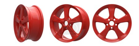 Téléchargez les photos : Ensemble de roue de voiture en aluminium rouge isolé sur fond blanc. Illustration de rendu 3d - en image libre de droit