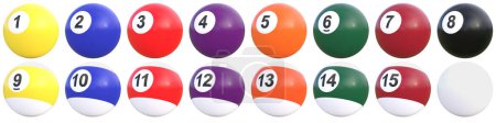 Photo for Pool balls with numbers collection isolated on white background. Realistic glossy snooker ball. Billiard ball set. Solids and stripes. Recreational sport. 3D rendering 3D illustration - Royalty Free Image
