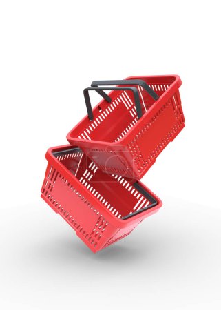 Téléchargez les photos : Paniers en plastique rouge du supermarché sur fond blanc. Concept de shopping en ligne. Illustration de rendu 3d - en image libre de droit