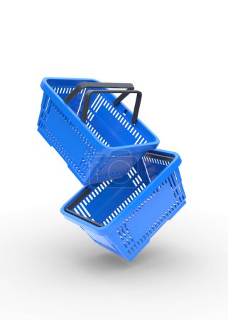 Téléchargez les photos : Paniers en plastique bleu du supermarché sur fond blanc. Concept de shopping en ligne. Illustration de rendu 3d - en image libre de droit