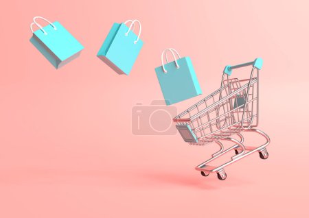 Foto de Carrito de compras volador con bolsas de compras sobre un fondo rosa. Carro de compras. Carro de empuje del supermercado. Concepto minimalista, carro aislado. ilustración de renderizado 3d - Imagen libre de derechos
