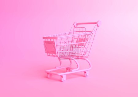 Photo for Shopping cart on a pink background. Shopping Trolley. Grocery push cart. Minimalist concept, isolated cart. 3d render illustration - Royalty Free Image