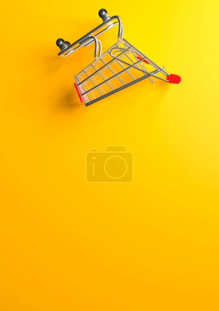 Téléchargez les photos : Panier sur fond jaune. Chariot à provisions. Chariot d'épicerie. Concept minimaliste, chariot isolé. Illustration de rendu 3D - en image libre de droit