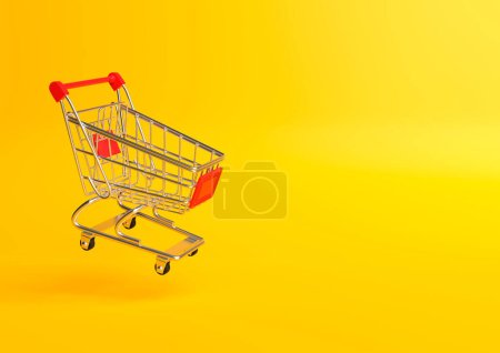 Photo for Flying shopping cart on a yellow background. Shopping Trolley. Grocery push cart. Minimalist concept, isolated cart. 3d render illustration - Royalty Free Image