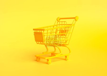 Photo for Shopping cart on a yellow background. Shopping Trolley. Grocery push cart. Minimalist concept, isolated cart. 3d render illustration - Royalty Free Image