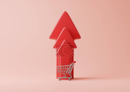 Photo for Shopping cart trolly with red inflation arrow on a pastel background. Cost of living crisis. Price of food shopping. 3D Rendering Illustration - Royalty Free Image