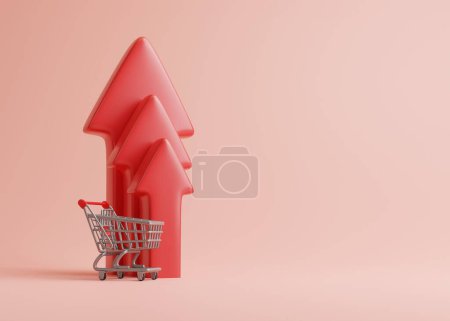 Photo for Shopping cart trolly with red inflation arrow on a pastel background. Cost of living crisis. Price of food shopping. 3D Rendering Illustration - Royalty Free Image