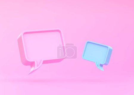 Téléchargez les photos : 3D Bulles de chat minimes roses et bleues isolées sur un fond rose avec espace de copie. Icône bulle vocale. Commentaire symbole. Parle de bulles. Commentaire signe. 3d rendu illustration 3d - en image libre de droit