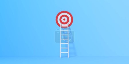 Photo for Step ladder and target on a blue wall with copy space. 3d rendering 3d illustration - Royalty Free Image