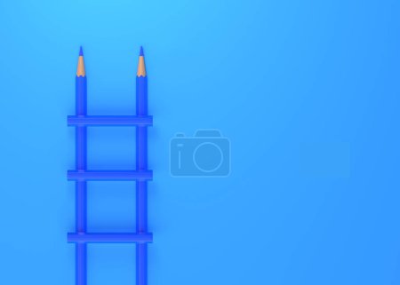 Photo for Staircase pencils on blue pastel background with copy space. Creative idea, imagination, design and invention concept. 3d render illustration - Royalty Free Image