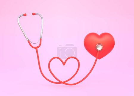 Téléchargez les photos : Stéthoscope en forme de coeur sur fond rose avec espace de copie. Illustration de rendu 3D - en image libre de droit