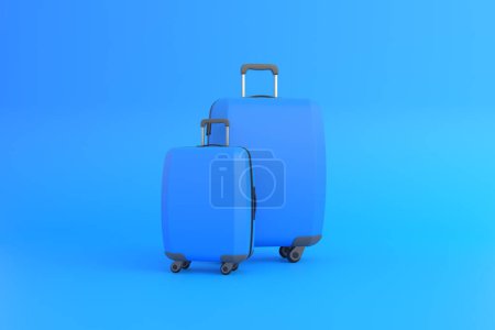 Téléchargez les photos : Valise de voyage sur fond bleu avec espace de copie. Vue de face. Illustration de rendu 3d - en image libre de droit