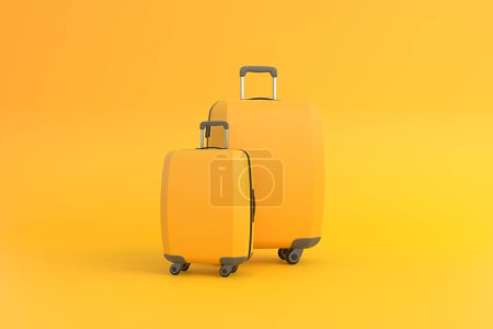 Téléchargez les photos : Valise de voyage sur fond jaune avec espace de copie. Vue de face. Illustration de rendu 3d - en image libre de droit