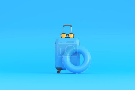 Téléchargez les photos : Valise, lunettes et cercle gonflable sur fond bleu avec espace de copie. Concept d'été. Vue de face. Illustration de rendu 3d - en image libre de droit
