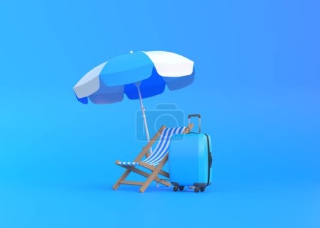 Téléchargez les photos : Valise, chaise de plage et parasol sur fond bleu. Concept d'été. Illustration de rendu 3d - en image libre de droit