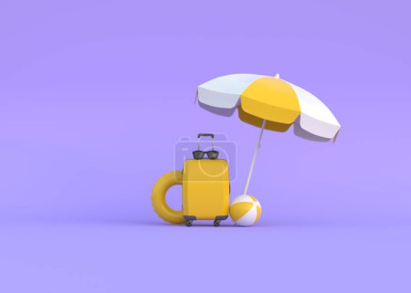 Foto de Maleta, gafas, paraguas, bola y anillo de natación sobre fondo púrpura. Mínimo concepto creativo de vacaciones de verano. Ilustración de representación 3d - Imagen libre de derechos