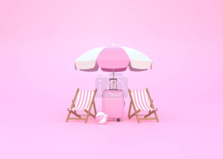 Foto de Maleta, silla de playa, sombrilla y pelota sobre fondo rosa con espacio para copiar. Concepto de verano. Vista frontal. Ilustración de representación 3d - Imagen libre de derechos