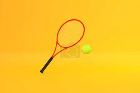 Téléchargez les photos : Raquette de tennis avec balle de tennis sur fond jaune. Vue de face. Illustration de rendu 3d - en image libre de droit