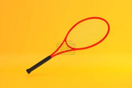 Téléchargez les photos : Raquette de tennis sur fond jaune. Vue de face. Illustration de rendu 3d - en image libre de droit