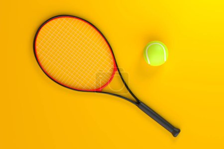 Téléchargez les photos : Raquette de tennis avec balle de tennis sur fond jaune. Vue de dessus. Illustration de rendu 3d - en image libre de droit
