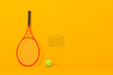 Téléchargez les photos : Raquette de tennis avec balle de tennis sur fond jaune. Vue de face. Illustration de rendu 3d - en image libre de droit