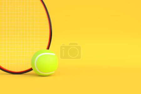 Photo for Tennis Racket with Tennis Ball on a yellow background. Front view. 3d Rendering Illustration - Royalty Free Image