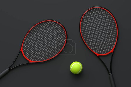 Foto de Raqueta de tenis con pelota de tenis sobre fondo negro. Vista superior. Ilustración de representación 3d - Imagen libre de derechos