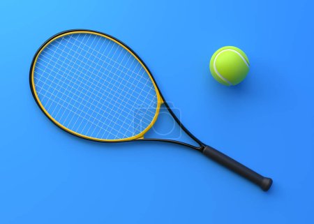 Téléchargez les photos : Raquette de tennis avec balle de tennis sur fond bleu. Vue de dessus. Illustration de rendu 3d - en image libre de droit