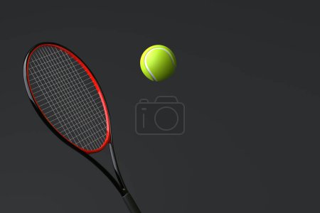 Téléchargez les photos : Raquette de tennis avec balle de tennis sur fond noir. Vue de face. Illustration de rendu 3d - en image libre de droit