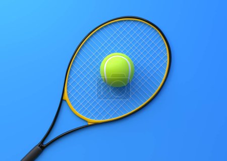 Téléchargez les photos : Raquette de tennis avec balle de tennis sur fond bleu. Vue de dessus. Illustration de rendu 3d - en image libre de droit