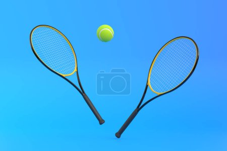 Téléchargez les photos : Raquette de tennis avec balle de tennis sur fond bleu. Vue de face. Illustration de rendu 3d - en image libre de droit