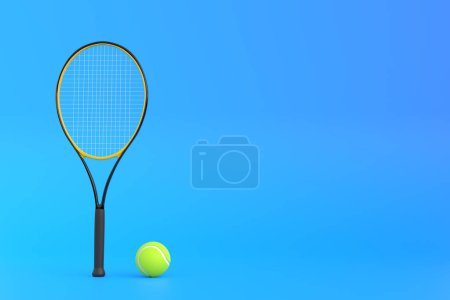 Foto de Raqueta de tenis con pelota de tenis sobre fondo azul. Vista frontal. Ilustración de representación 3d - Imagen libre de derechos
