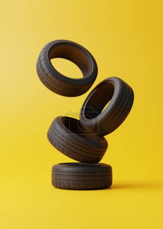Photo for Heap of car rubber tyres on yellow background. Concept of changing tires for seasonal, using tires on snow, ice. Replacing tires with summer or winter. 3D render 3D illustration - Royalty Free Image