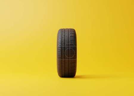 Photo for Ar tire on a yellow background. Concept of changing tires for seasonal, using tires on snow, ice. Replacing tires with summer or winter. 3D render 3D illustration - Royalty Free Image