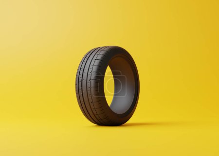 Foto de Ar tire on a yellow background. Concept of changing tires for seasonal, using tires on snow, ice. Replacing tires with summer or winter. 3D render 3D illustration - Imagen libre de derechos