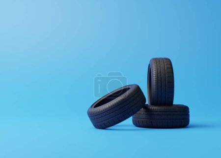 Photo for Heap of car rubber tyres on blue background. Concept of changing tires for seasonal, using tires on snow, ice. Replacing tires with summer or winter. 3D render 3D illustration - Royalty Free Image