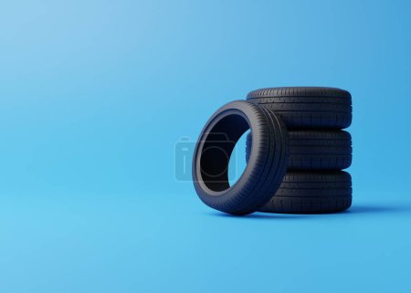 Photo for Stack of car tires on a blue background. Concept of changing tires for seasonal, using tires on snow, ice. Replacing tires with summer or winter. 3D render 3D illustration - Royalty Free Image