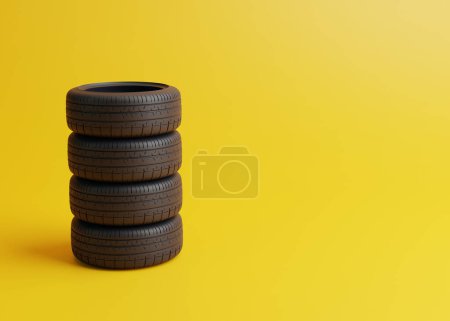 Photo for Stack of car tires on a yellow background. Concept of changing tires for seasonal, using tires on snow, ice. Replacing tires with summer or winter. 3D render 3D illustration - Royalty Free Image