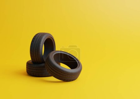 Téléchargez les photos : Tas de pneus en caoutchouc de voiture sur fond jaune. Concept de changer les pneus pour saisonnier, en utilisant des pneus sur la neige, la glace. Remplacement des pneus par des pneus été ou hiver. 3D render Illustration 3D - en image libre de droit