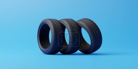 Photo for Car rubber tyres on blue background. Concept of changing tires for seasonal, using tires on snow, ice. Replacing tires with summer or winter. 3D render 3D illustration - Royalty Free Image