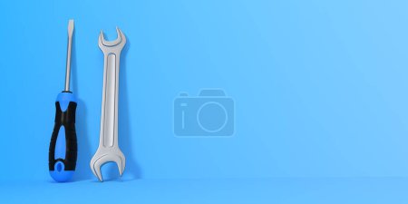 Photo for Wrench and Screwdriver on a blue background with copy space. 3d rendering illustration - Royalty Free Image