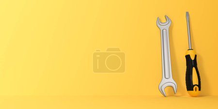 Photo for Wrench and Screwdriver on a yellow background with copy space. 3d rendering illustration - Royalty Free Image