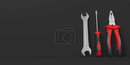 Photo for Wrench, screwdriver and pliers on a black background with copy space. Front view. Minimal creative concept. 3d render illustration - Royalty Free Image