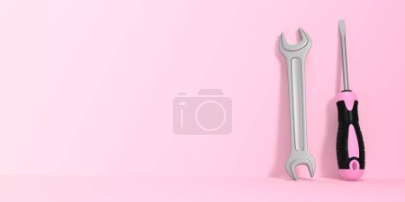 Photo for Wrench and Screwdriver on a pink background with copy space. 3d rendering illustration - Royalty Free Image